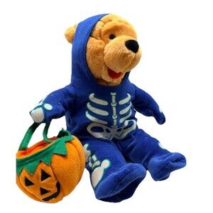 Winnie Pooh Plush In Blue Skeleton Costume w Pumpkin Tub 13" Disney Stuffed Toy